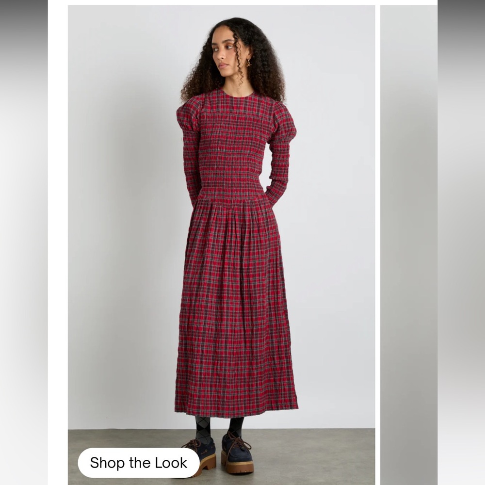 Damson Madder Alice Shirred Midi Dress- Red Check